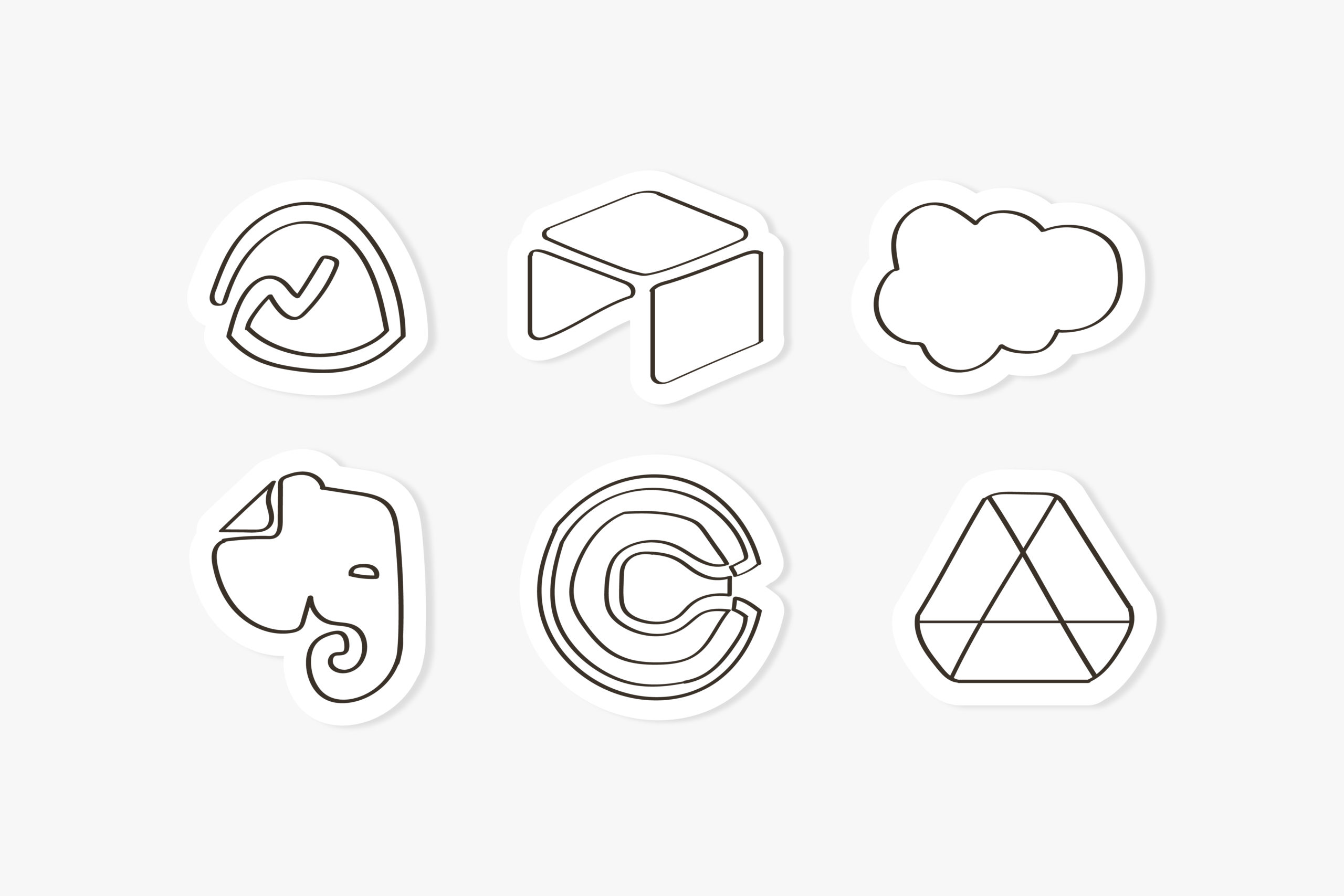 Logos of the best organizational tools for your business including Basecamp, Airtable, Salesforce, Evernote, Calendly, and Google Drive.
